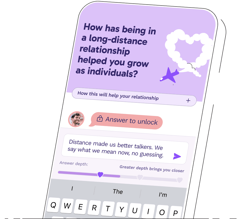 The Paired app showing the daily question “How has being in a long-distance relationship helped you grow as individuals?”, with the partner’s answer locked until you reply