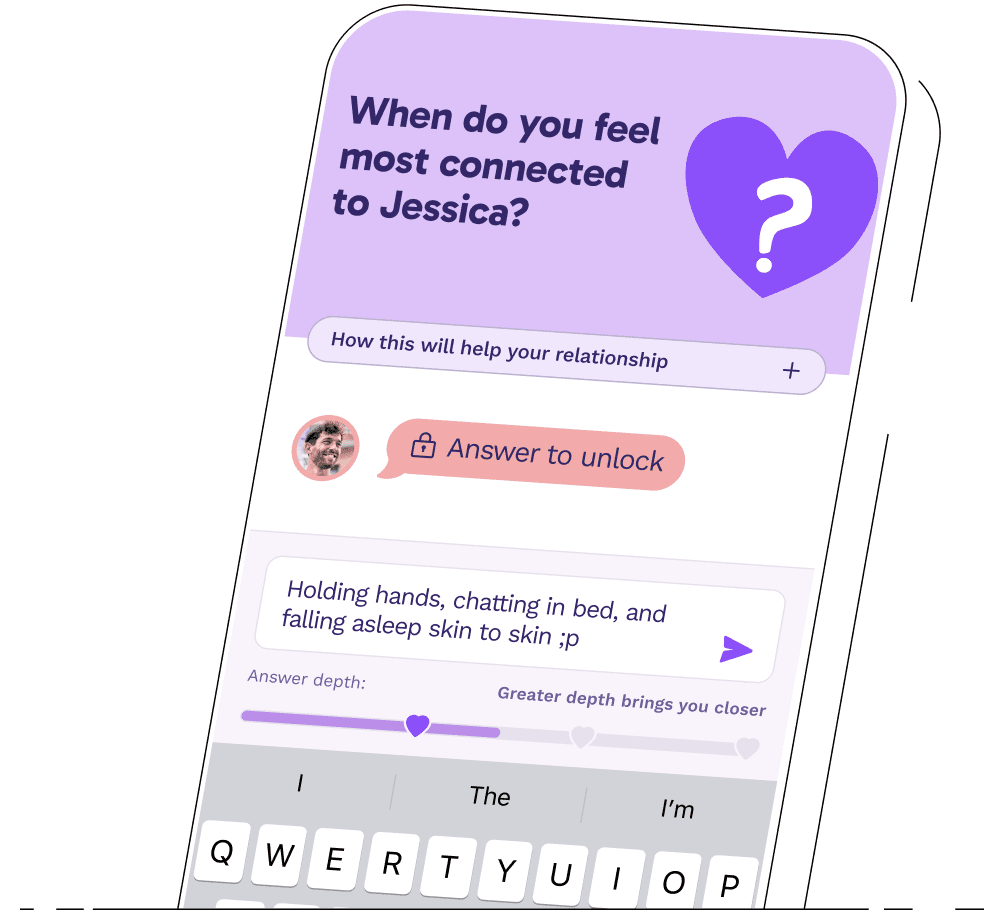The Paired app showing the daily question “When do you feel most connected to Jessica?”, with the partner’s answer locked until you reply